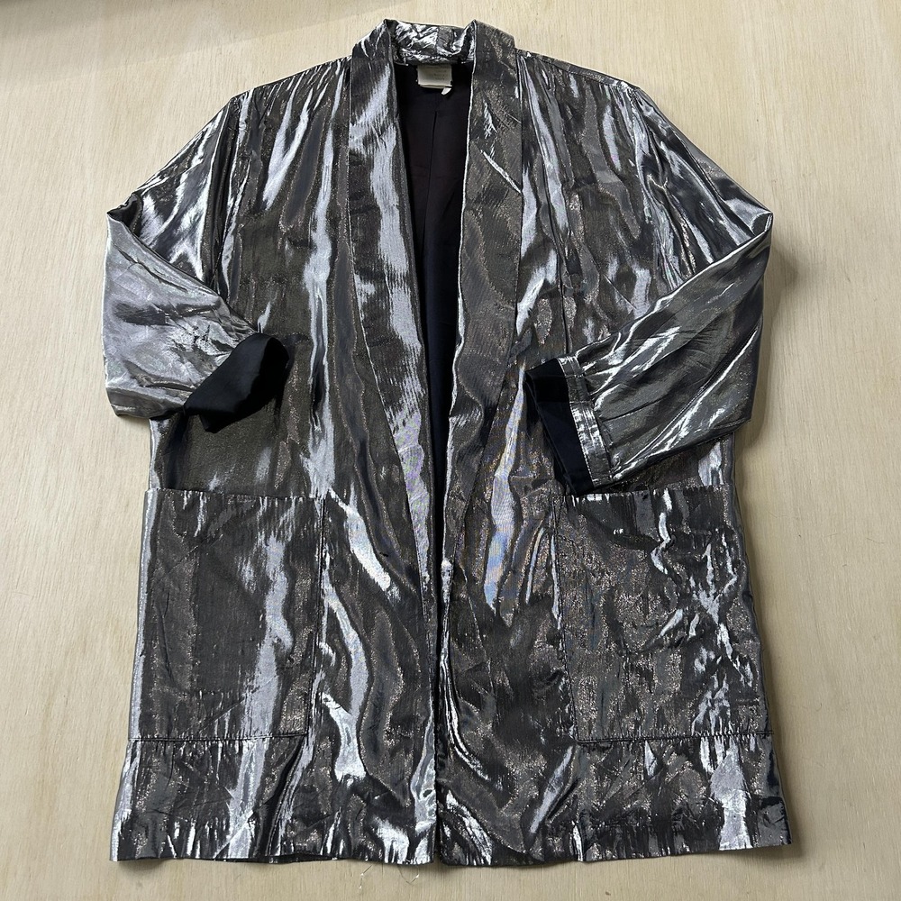 Vintage Silver Satin Kimono 3/4 Sleeve PG Collections Coat Womens Small Pockets